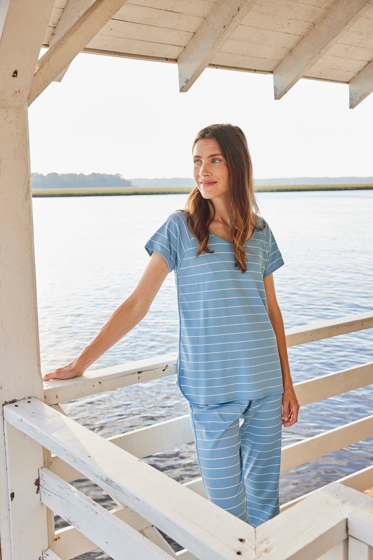 Serene Blue Boating Stripe Pima Short-Long Set